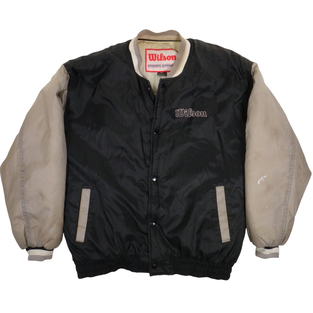 VTG Wilson Bomber Jacket Men L Distressed Varsity Sports Streetwear Black Nylon